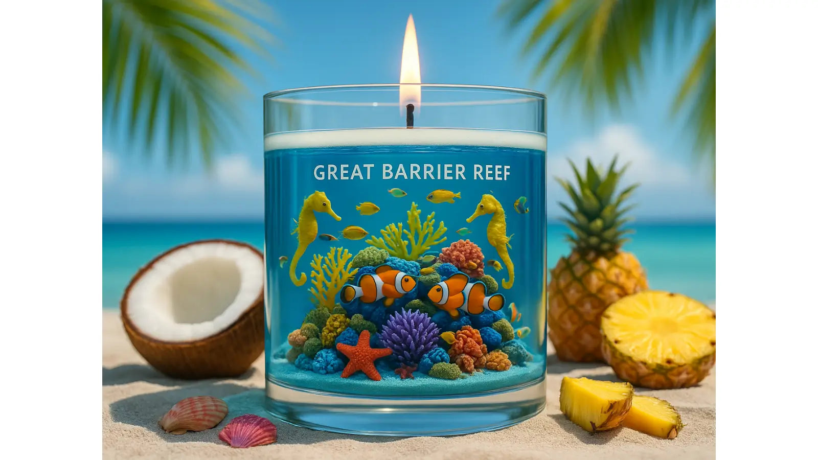 Candle with a Great Barrier Reef design on a beach setting with coconuts and pineapples.