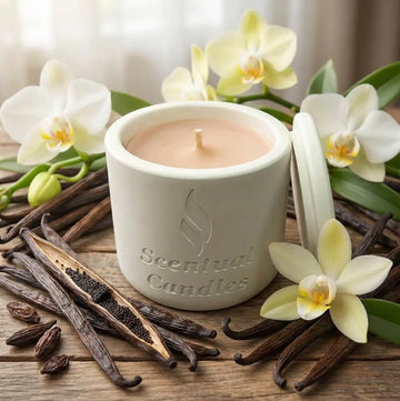 Vanilla scented candle with vanilla pods and flowers