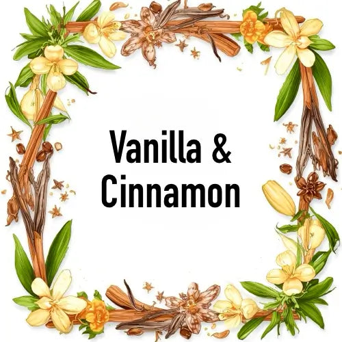 Vanilla and Cinnamon Candle packaging with illustrated vanilla flowers and cinnamon sticks border