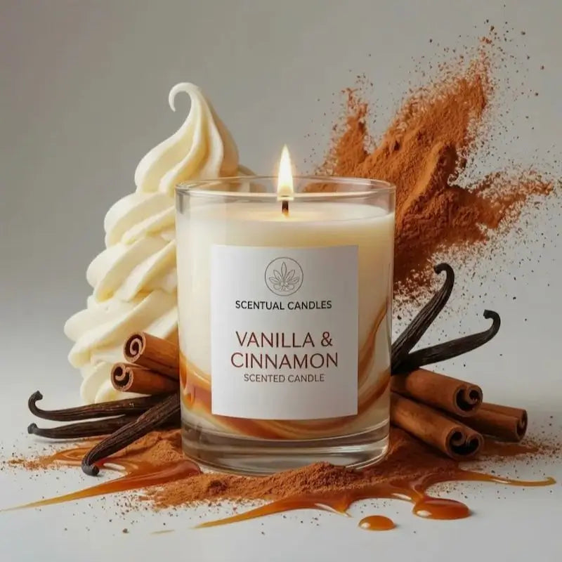 Vanilla and Cinnamon Candle in glass jar surrounded by cinnamon sticks, vanilla pods, and powdered cinnamon.