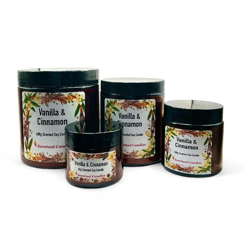 Vanilla and Cinnamon Candle jars showcasing scented soy blend with warm spicy fragrance for a comforting home aroma experience.