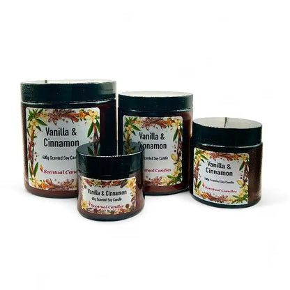 Vanilla and Cinnamon Candle jars showcasing scented soy blend with warm spicy fragrance for a comforting home aroma experience.