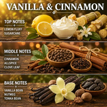 Vanilla and Cinnamon candle with spices on a wooden surface.