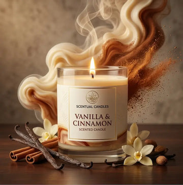 Vanilla and Cinnamon Candle in glass jar with cinnamon sticks and vanilla pods