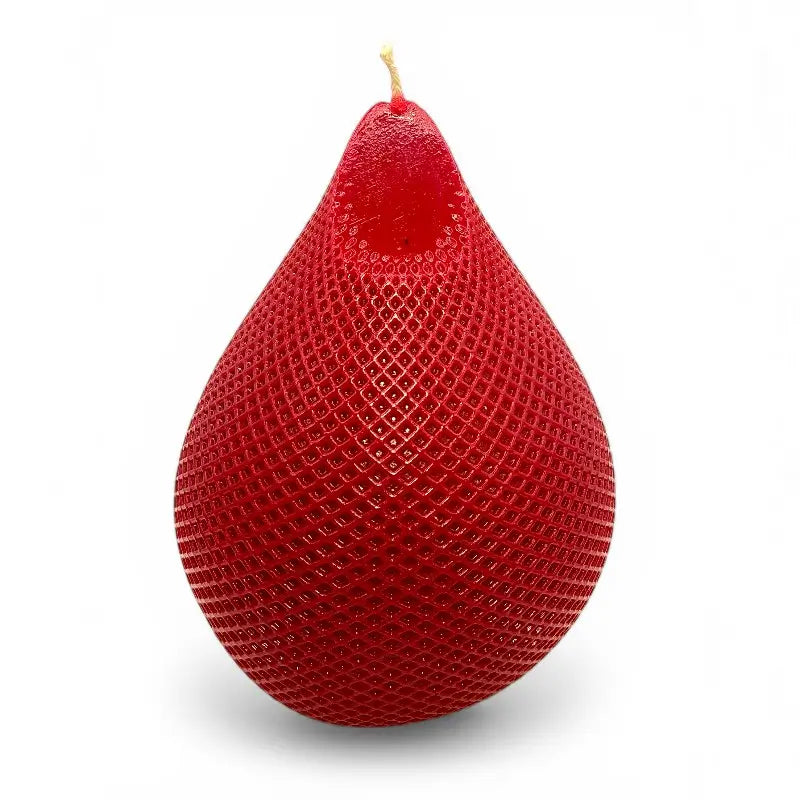 Water Drop Candle with geometric lattice pattern, red teardrop shape, freestanding pillar for modern decor and fragrance
