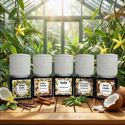 Vanilla Deluxe Scented Candle Set featuring five soy candles in a botanical setting.
