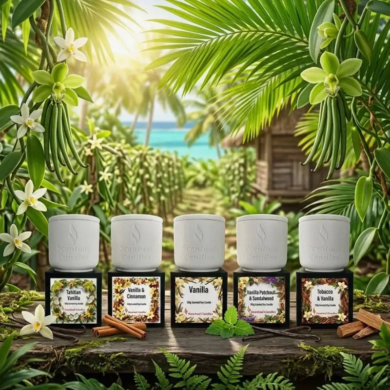 Vanilla Deluxe Scented Candle Set displayed among tropical greenery and sunset, featuring various vanilla scents.