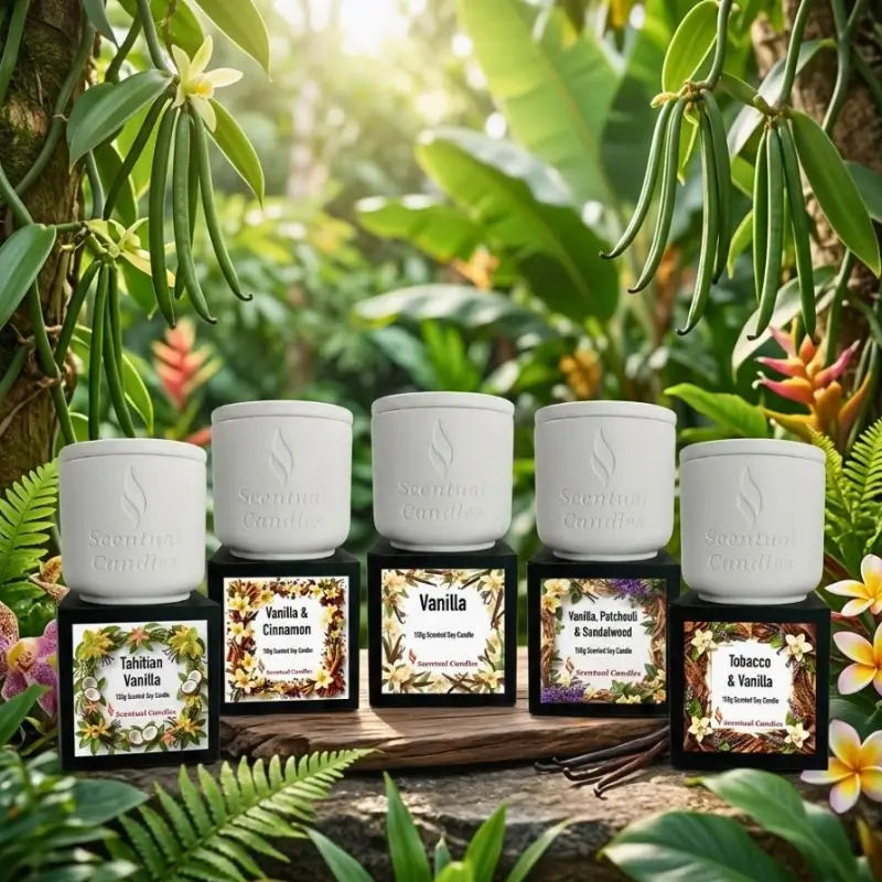 Vanilla Deluxe Scented Candle Set featuring various scents with candles displayed in a lush green environment.