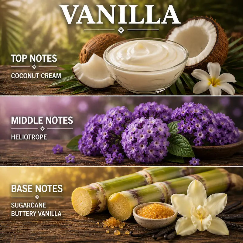 Vanilla scented candle showing floral and vanilla beans, labeled with fragrance notes.