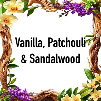 Decorative wreath with flowers and text Vanilla Patchouli and Sandalwood on a white background