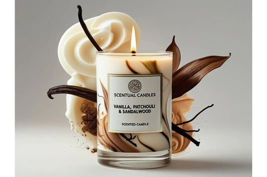 Scentual candles with vanilla, patchouli, and sandalwood on a neutral background