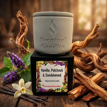 Vanilla Patchouli and Sandalwood scented soy candle with decorative elements, ideal for creating a warm atmosphere.