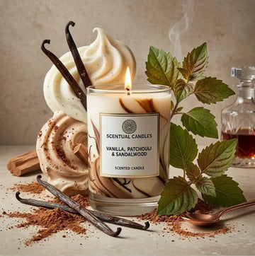 Scentual candles with vanilla patchouli and sandalwood on a neutral background