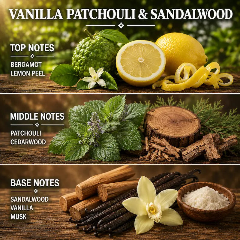 Vanilla Patchouli and Sandalwood Candle with ingredients labeled on a wooden surface with a forest background
