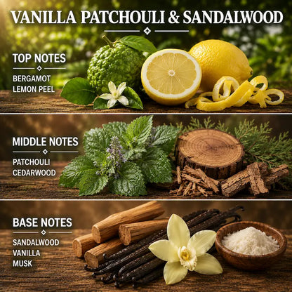 Vanilla Patchouli and Sandalwood Candle with ingredients labeled on a wooden surface with a forest background