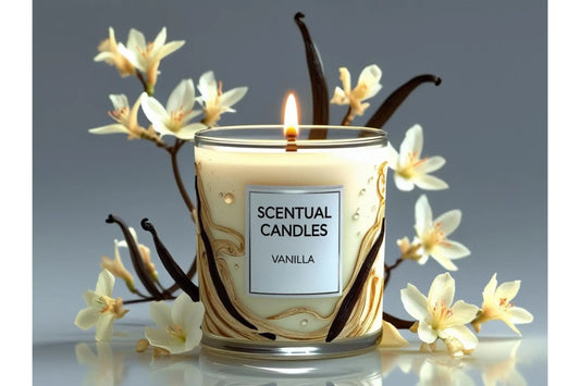 Vanilla scented candle with vanilla beans and flowers on a reflective surface