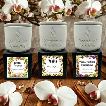 Vanilla Trio Soy Candle Gift Set featuring Vanilla, Vanilla & Cinnamon, and Vanilla, Patchouli & Sandalwood scents.