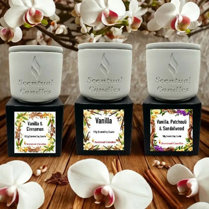 Vanilla Trio Soy Candle Gift Set featuring Vanilla, Vanilla & Cinnamon, and Vanilla, Patchouli & Sandalwood scents.