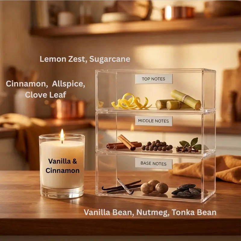 Warm and Spicy Scented Candles set with Vanilla & Cinnamon candle and scent notes displayed.
