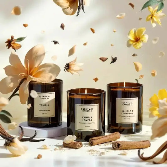 Three scented candles with floral, vanilla and cinnamon elements on a light background