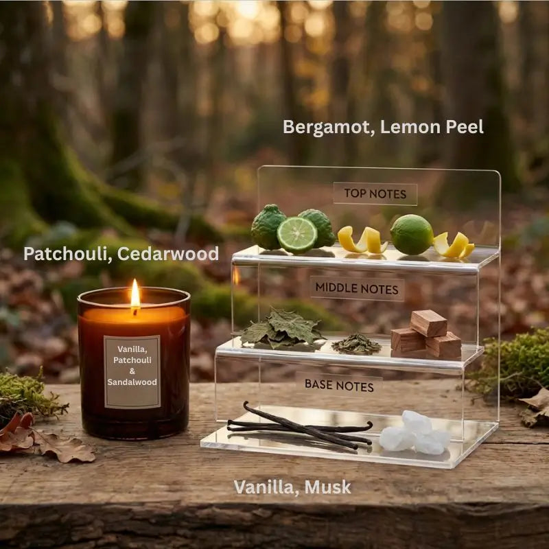 Vanilla Trio soy candle gift set featuring scent notes of bergamot, lemon peel, patchouli, and musk.