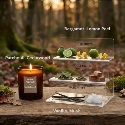 Tobacco and Vanilla Candle Set with fragrance notes displayed, including bergamot, lemon peel, and patchouli.