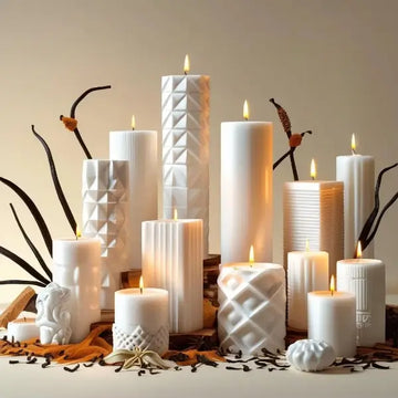 Assorted vanilla patchouli and sandalwood pillar candles with decorative patterns on a neutral background