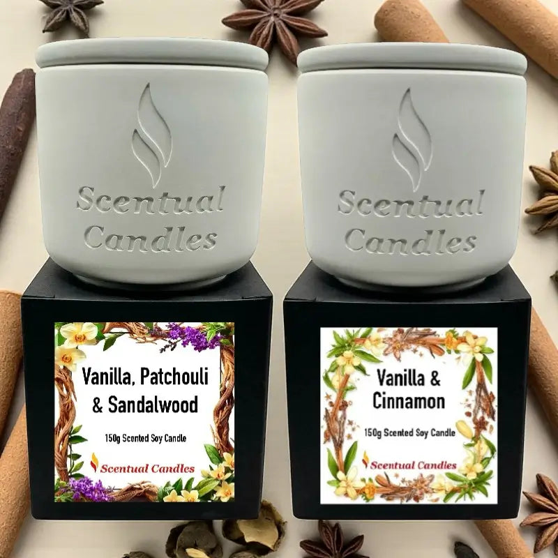 Vanilla and Spice Candle Gift Set with two soy wax candles in white jars, featuring Vanilla & Patchouli, and Vanilla & Cinnamon scents.