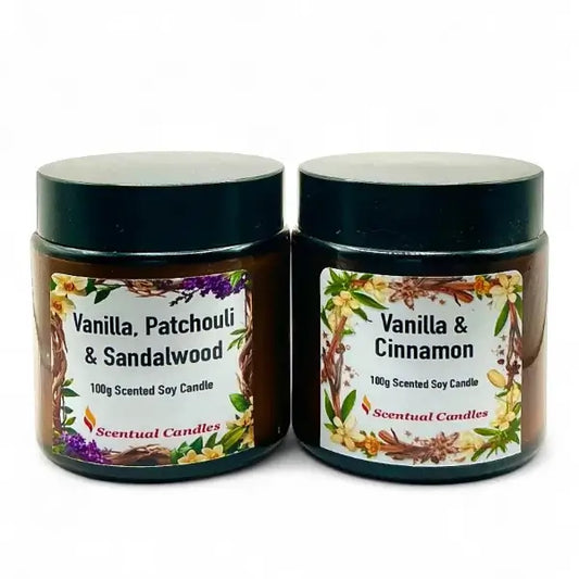 Two vanilla and spice scented candles with labels indicating fragrance types on a white background