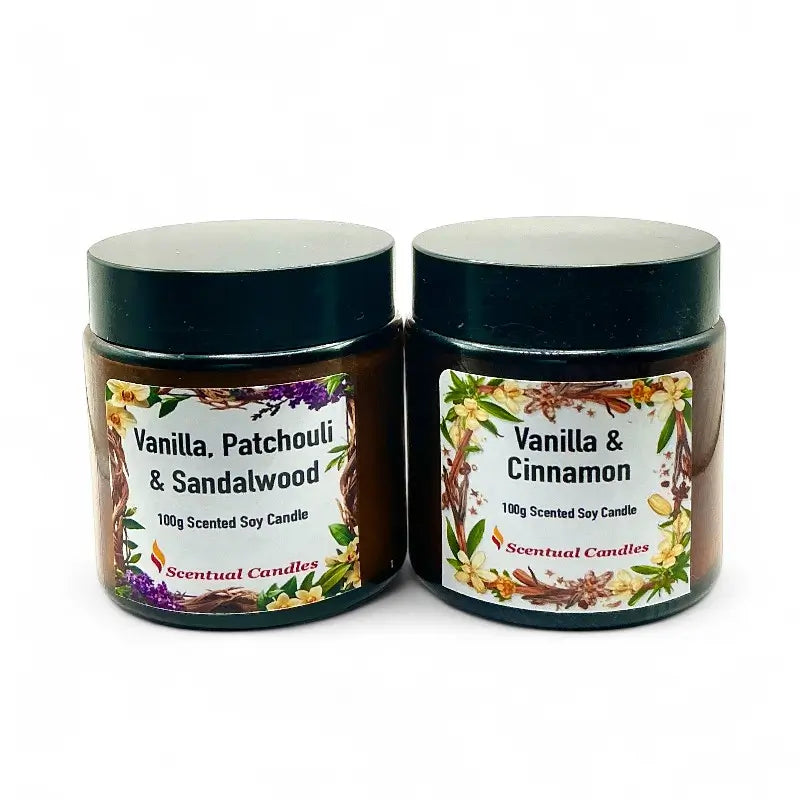 Vanilla and Spice Candle Gift Set with two 100g soy candles in amber glass jars, perfect for gifting with warm, indulgent scents.
