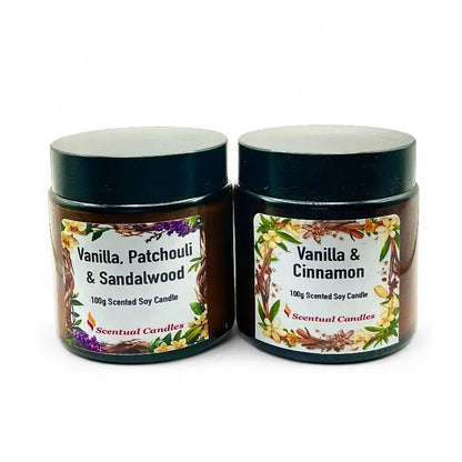 Vanilla and Spice Candle Gift Set with two 100g soy candles in amber glass jars, perfect for gifting with warm, indulgent scents.