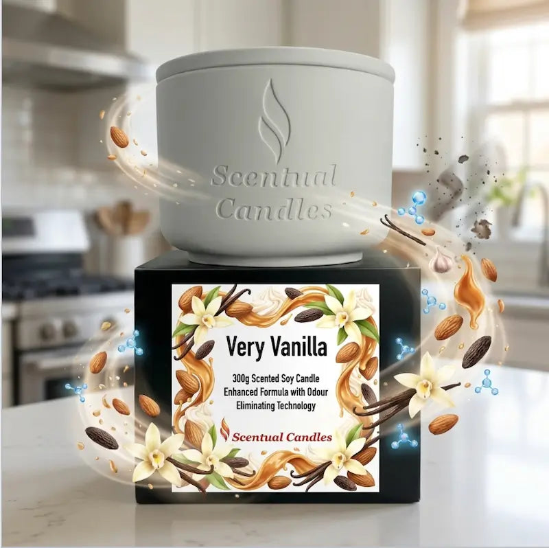 Odour Eliminating Candle - Very Vanilla in a kitchen setting with a sleek white container and vibrant packaging.