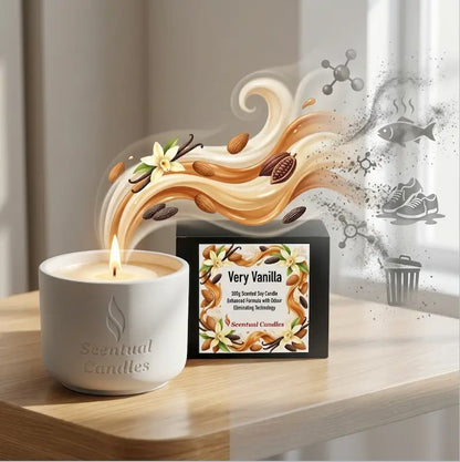 Odour Eliminating Candle - Very Vanilla glowing on a table, releasing fragrance and neutralizing unwanted odors.
