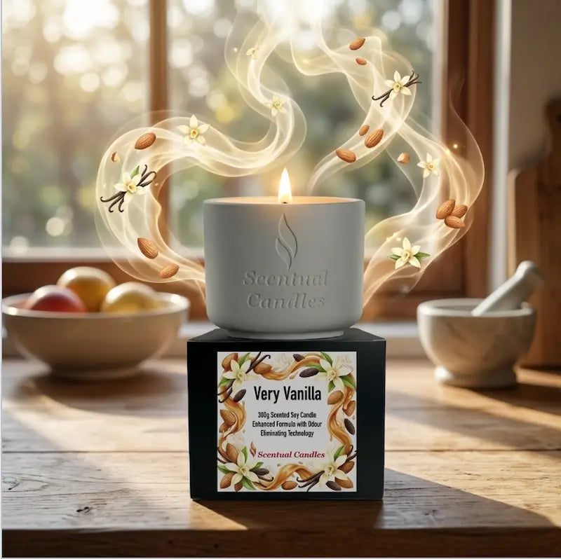 Odour Eliminating Candle in Very Vanilla scent with fragrant swirls, designed for odour neutralization.