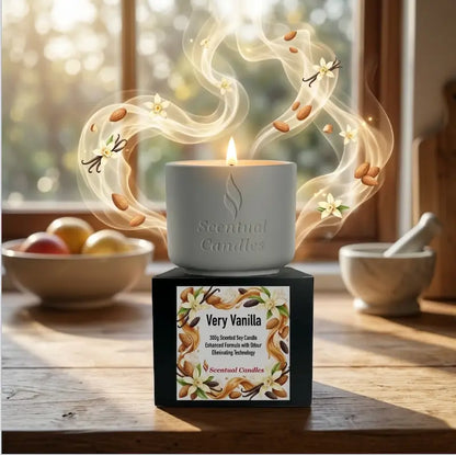 Odour Eliminating Candle in Very Vanilla scent with fragrant swirls, designed for odour neutralization.