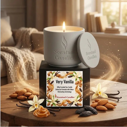 Odour Eliminating Candle - Very Vanilla with enhanced fragrance and odour-neutralising technology in a cozy setting.