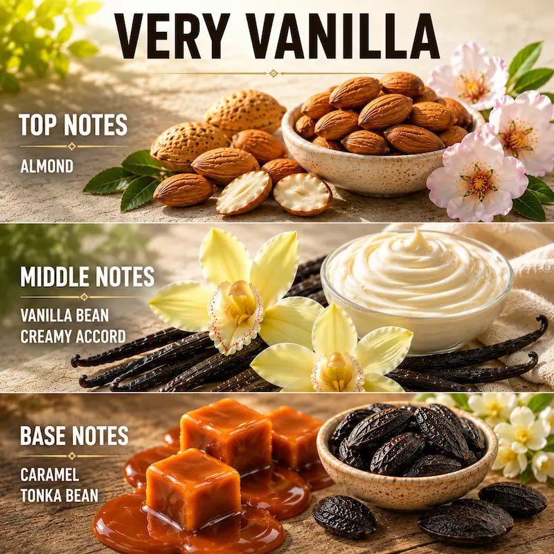 Visual breakdown of Very Vanilla odour eliminating candle scent notes including almond, vanilla bean, and caramel.