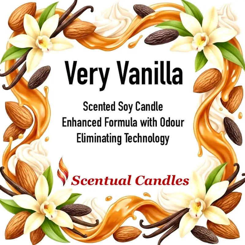 Odour Eliminating Candle - Very Vanilla with floral and vanilla design, promoting scented soy candle benefits.