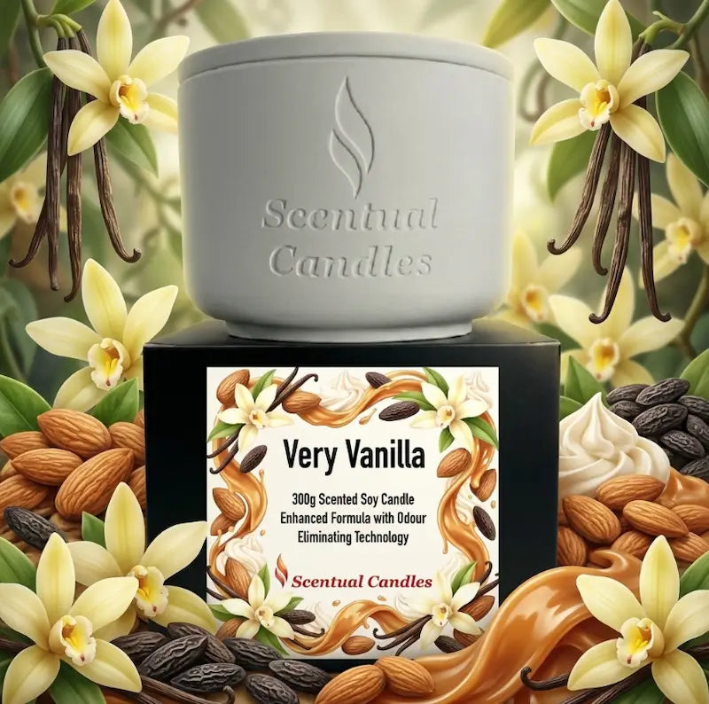 Odour Eliminating Candle - Very Vanilla displayed with floral and nutty elements.