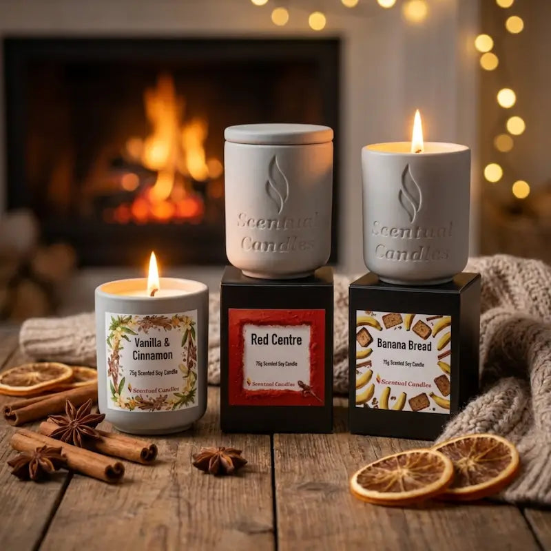 Warm and Spicy Scented Candles set with Vanilla and Cinnamon, Red Centre, and Banana Bread fragrances displayed near a cozy fireplace.