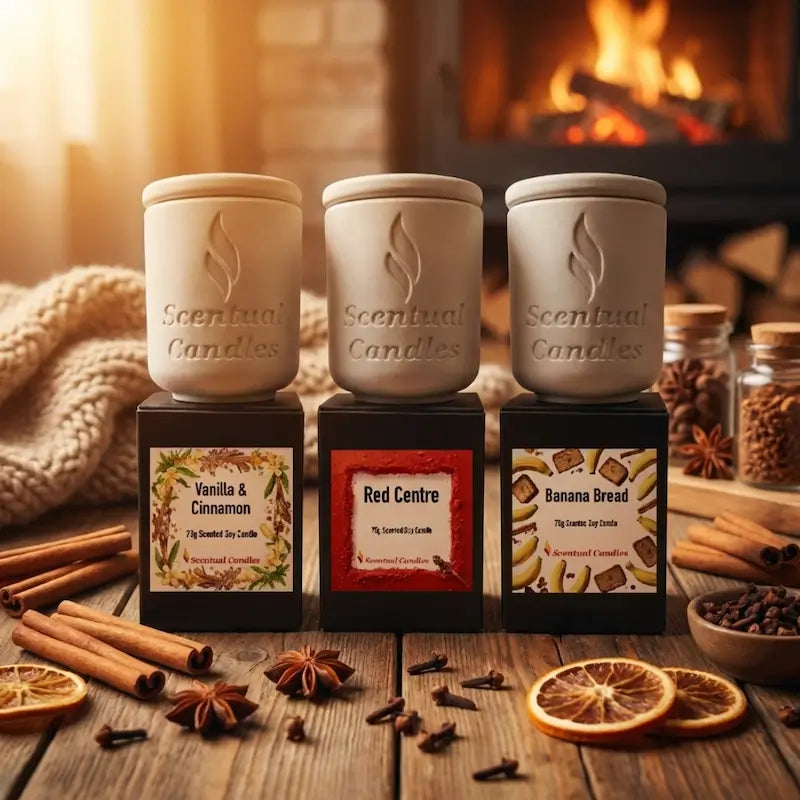Warm and Spicy Scented Candles in Vanilla Cinnamon, Red Centre, Banana Bread next to a cozy fireplace with spices displayed.