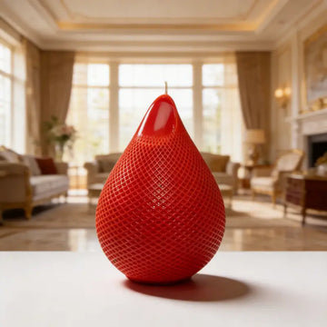 Red Water Drop Candle with geometric lattice design.