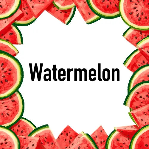 Collage of watermelon slices surrounding the word 'Watermelon', emphasizing the freshness of the Watermelon Candle scent.
