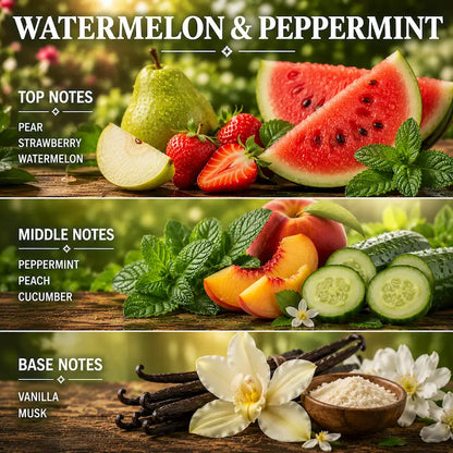 Watermelon and Peppermint candle displaying fruit on a natural background