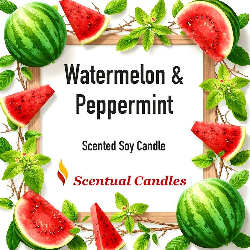 Watermelon and Peppermint Candle - Scented Soy with vibrant watermelon and peppermint leaves border