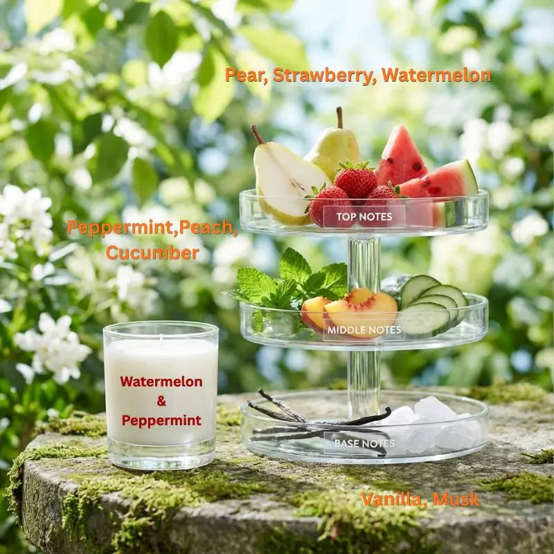 Watermelon and Peppermint candle with a fruit platter  on a natural background