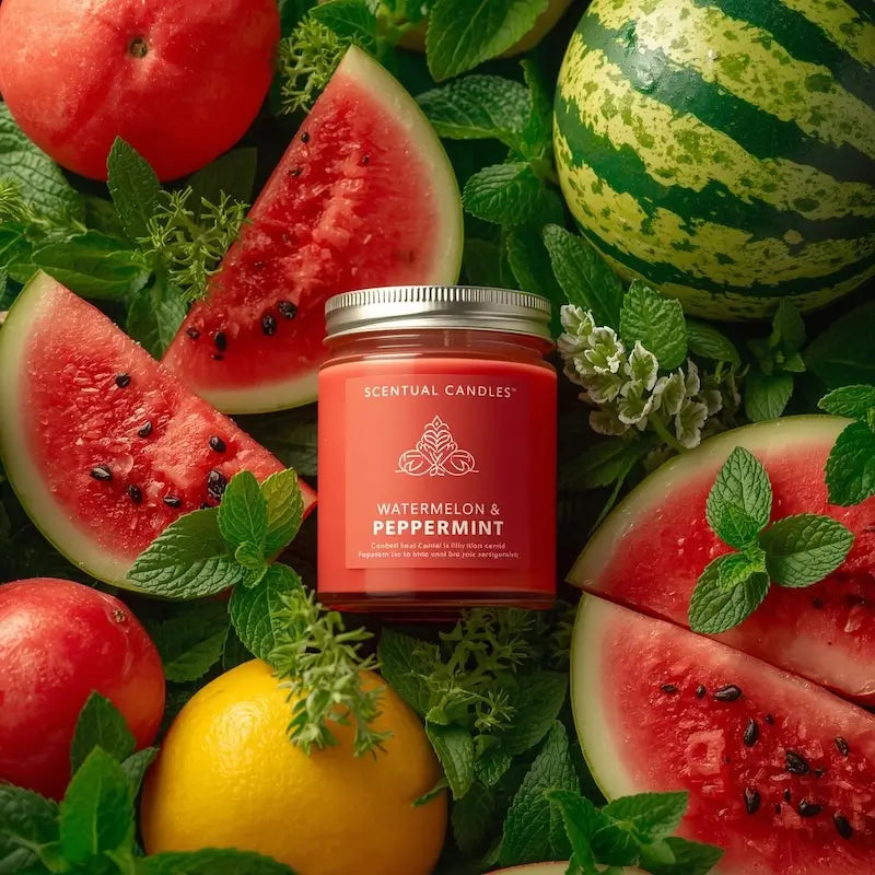 Watermelon and Peppermint Candle surrounded by fresh watermelon slices and mint leaves, evoking a cool, fruity fragrance ambiance.