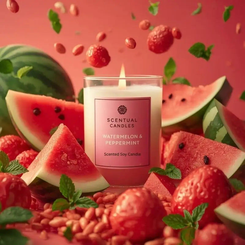 Watermelon and Peppermint Candle surrounded by fresh watermelon and mint, exuding a vibrant and refreshing aroma.