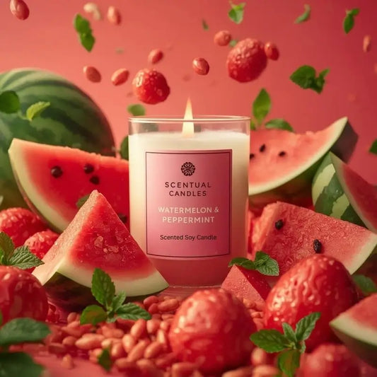 Watermelon and Peppermint Candle surrounded by fresh watermelon and mint, exuding a vibrant and refreshing aroma.
