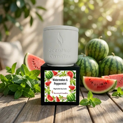 A white watermelon and peppermint scented candle jar sits on a black display block outdoors on a wooden surface, surrounded by watermelons, slices, and mint leaves. 